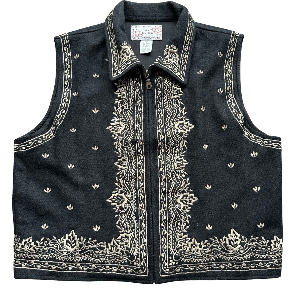 New Direction Crop Vest Size L Black Cotton Embroidered Collar Classic Full Zip